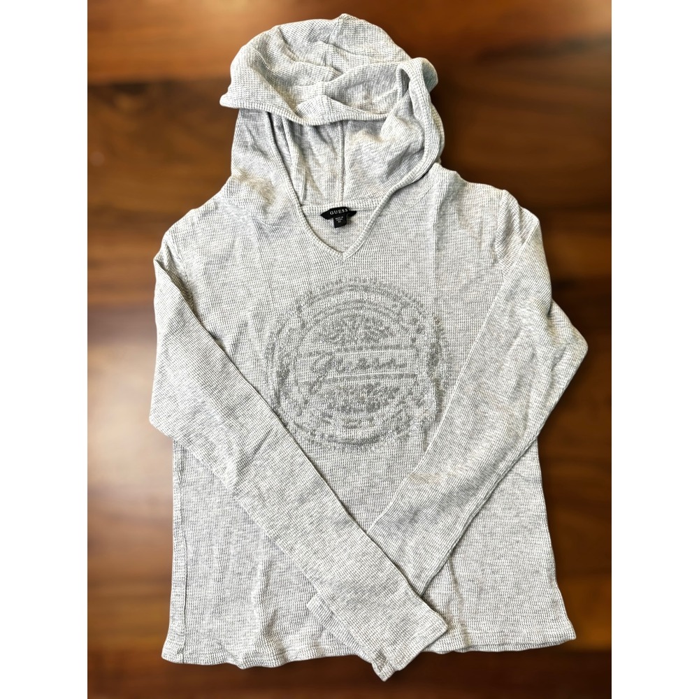 Guess Gray Silver Logo Long Sleeve V Neck Thermal Hoodie Top Y2K Chic Grunge